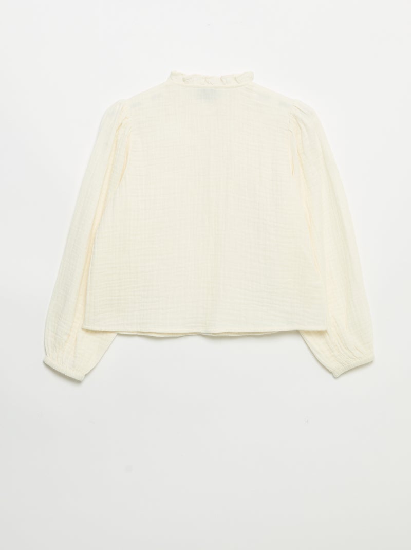 Camisa com gola com folhos e bordados Bege - Kiabi
