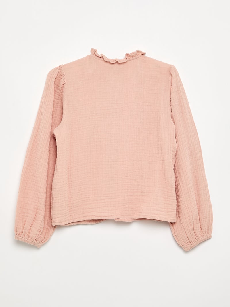 Camisa com gola com folhos e bordados Rosa - Kiabi