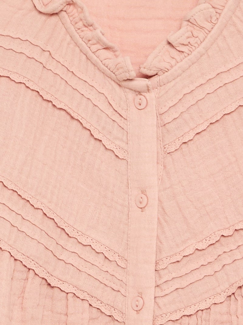 Camisa com gola com folhos e bordados Rosa - Kiabi