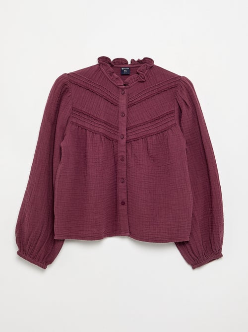 Camisa com gola com folhos e bordados - Kiabi