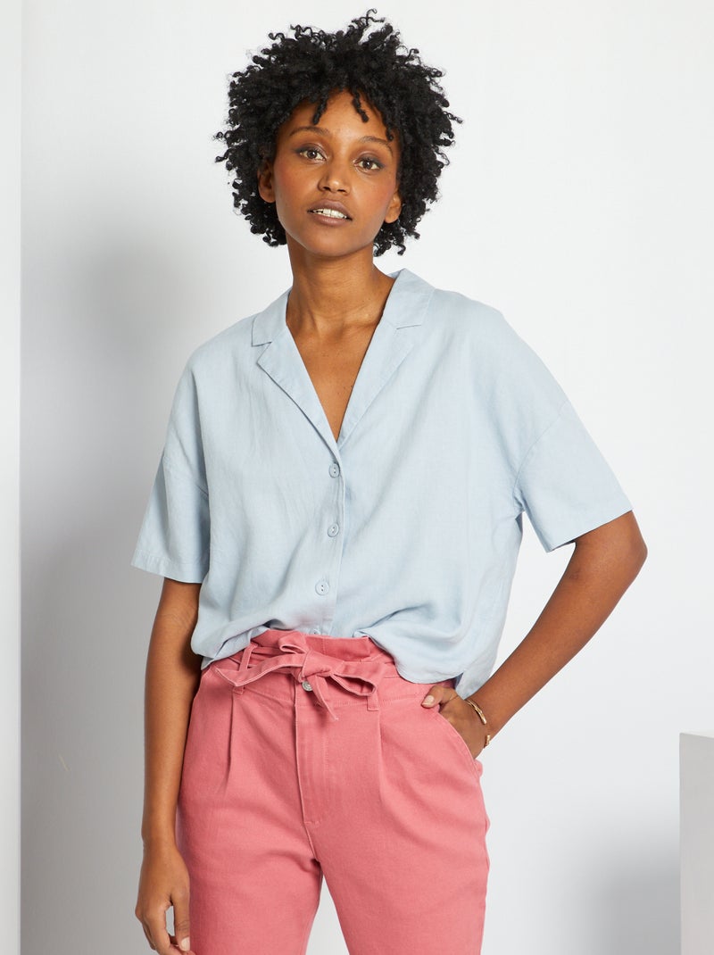 Camisa com gola de pijama em linho Azul Acinzentado - Kiabi