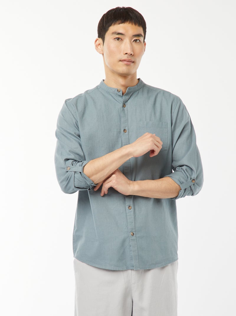 Camisa com gola mao com linho Azul - Kiabi