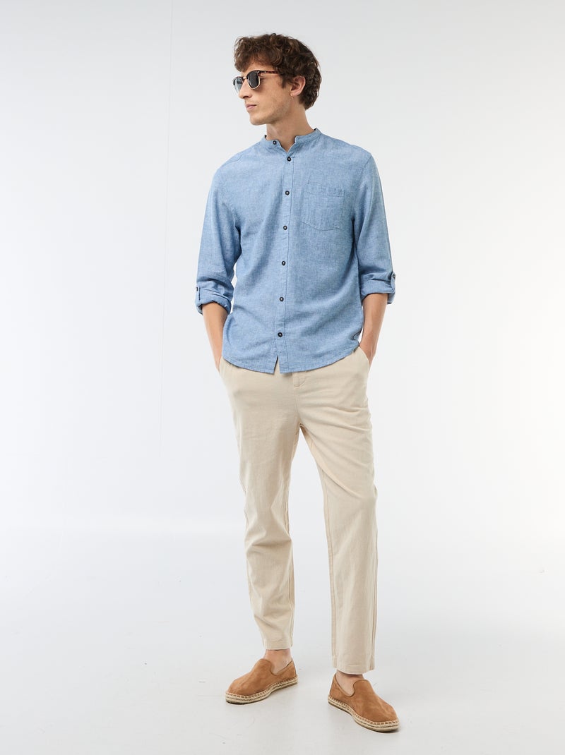Camisa com gola mao com linho Azul - Kiabi