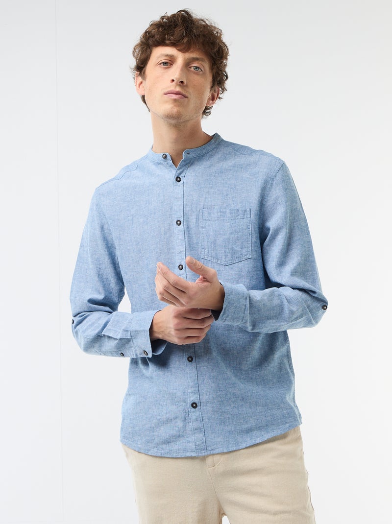 Camisa com gola mao com linho Azul - Kiabi