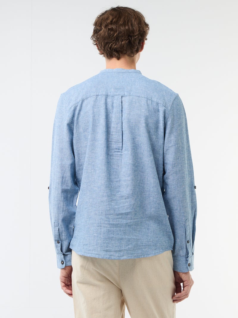 Camisa com gola mao com linho Azul - Kiabi