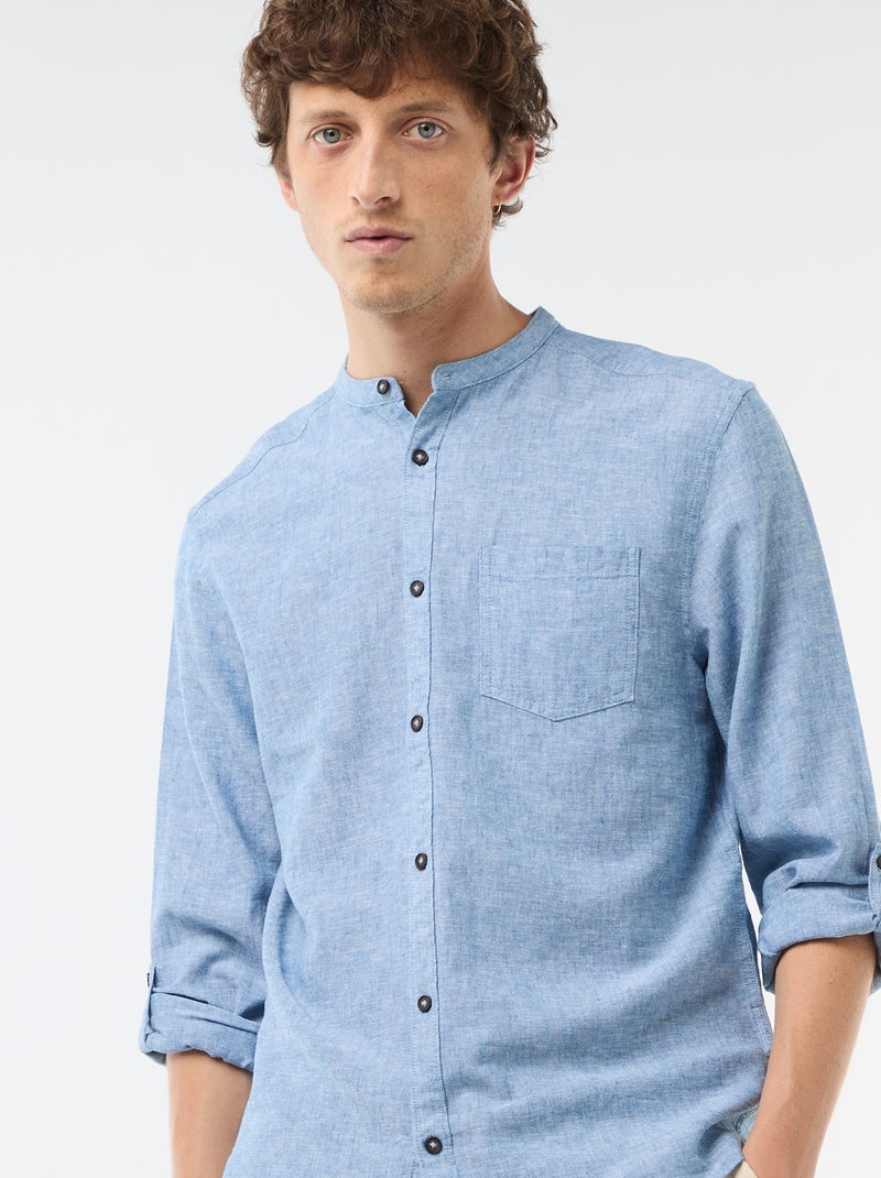 Camisa com gola mao com linho Azul - Kiabi