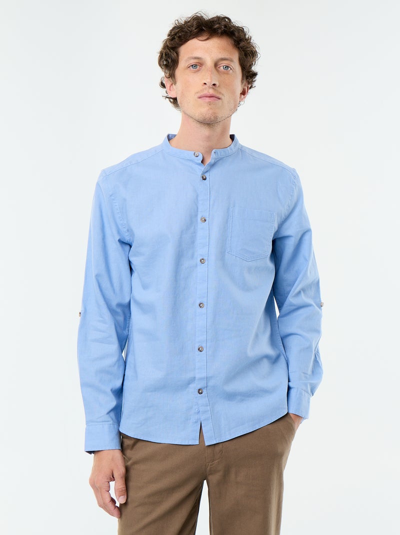 Camisa com gola mao com linho Azul - Kiabi