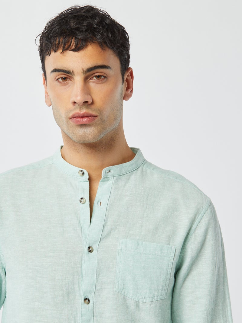 Camisa com gola mao com linho AZUL - Kiabi