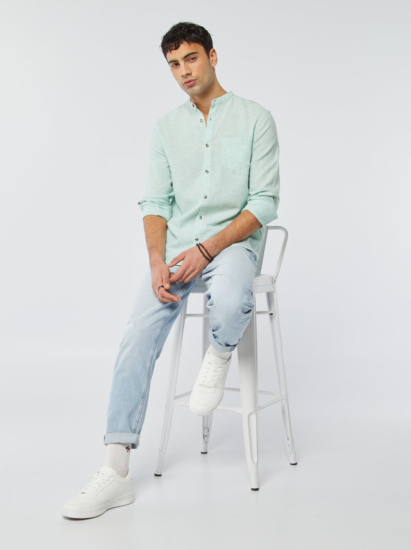 Camisa com gola mao com linho AZUL - Kiabi