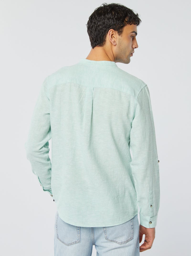 Camisa com gola mao com linho AZUL - Kiabi