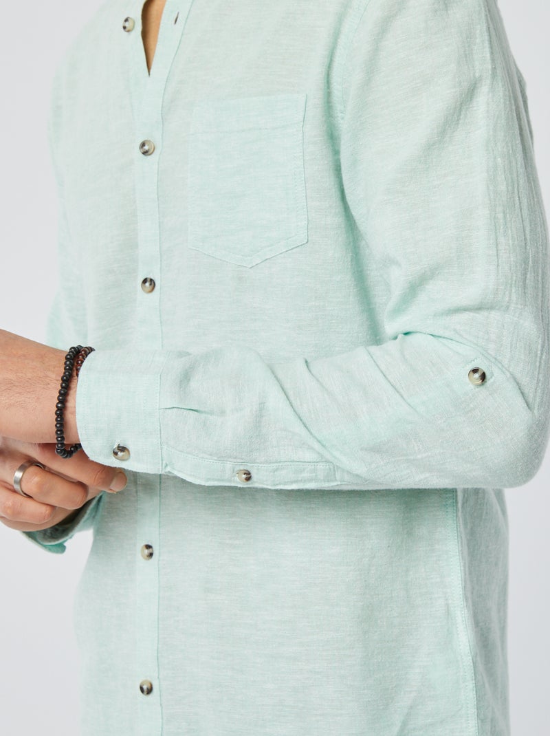 Camisa com gola mao com linho AZUL - Kiabi