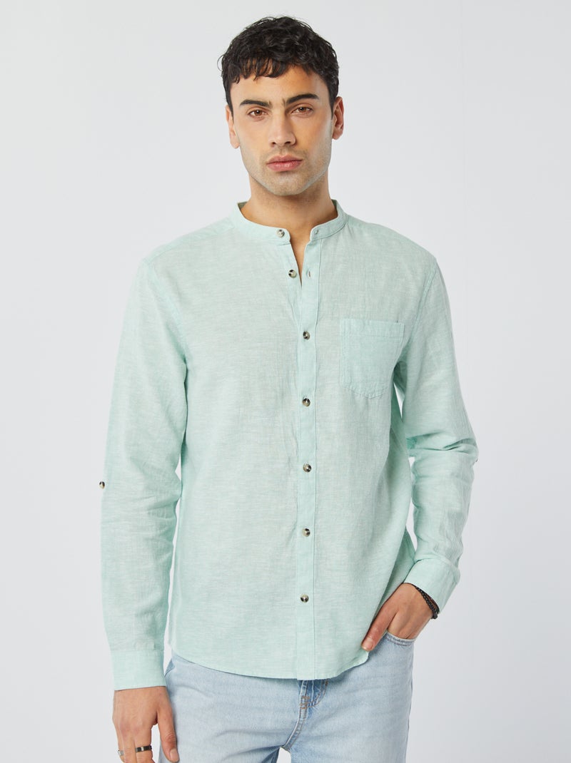 Camisa com gola mao com linho AZUL - Kiabi