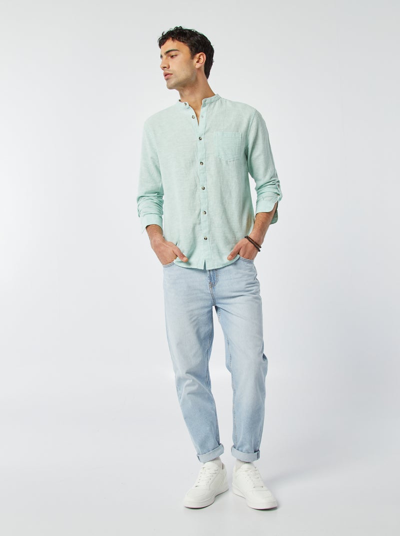 Camisa com gola mao com linho AZUL - Kiabi