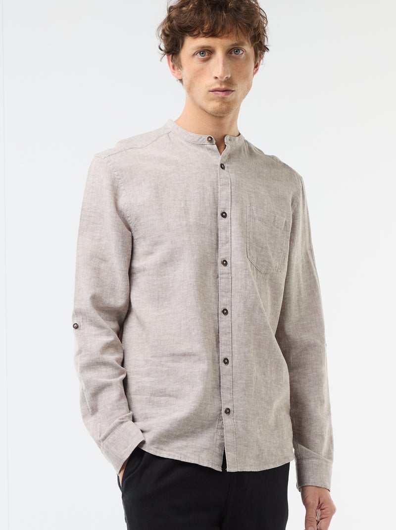 Camisa com gola mao com linho Bege - Kiabi