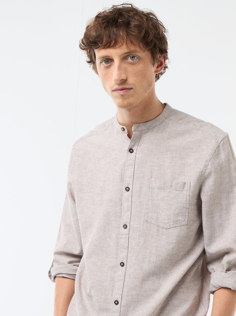 Camisa com gola mao com linho Bege - Kiabi