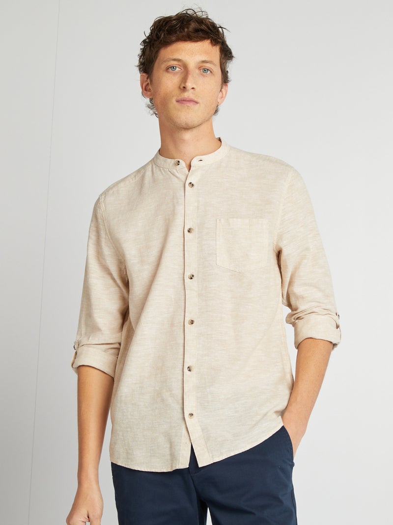 Camisa com gola mao com linho BEGE - Kiabi