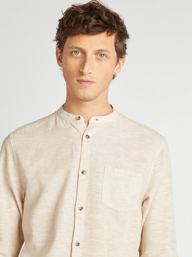 Camisa com gola mao com linho BEGE - Kiabi