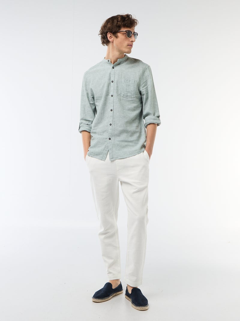 Camisa com gola mao com linho Verde - Kiabi