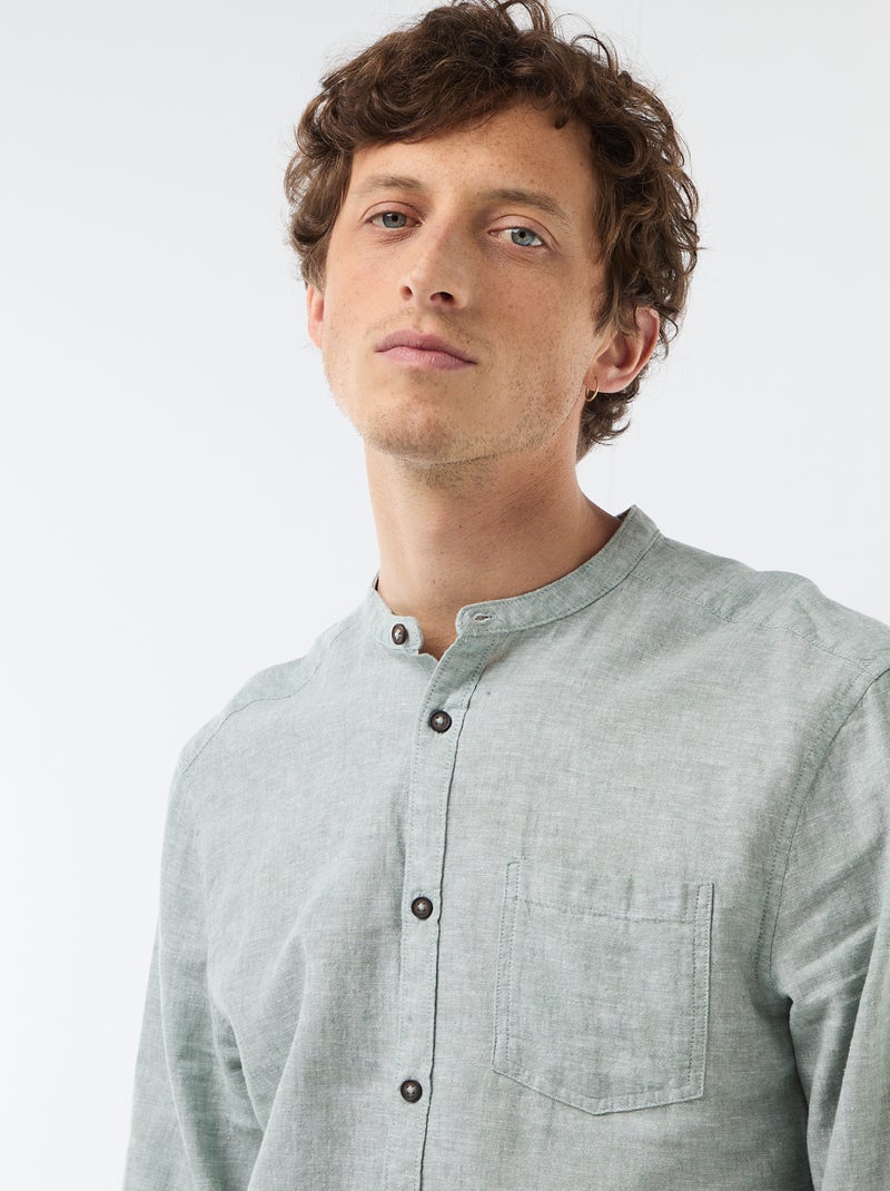 Camisa com gola mao com linho Verde - Kiabi