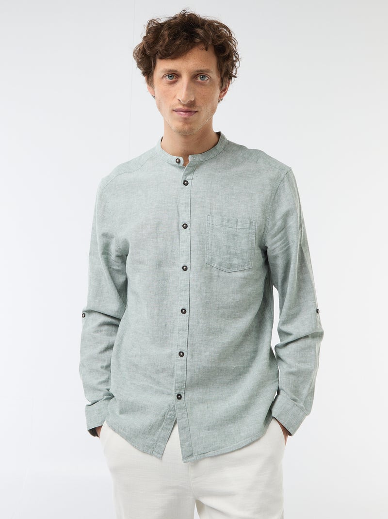 Camisa com gola mao com linho Verde - Kiabi