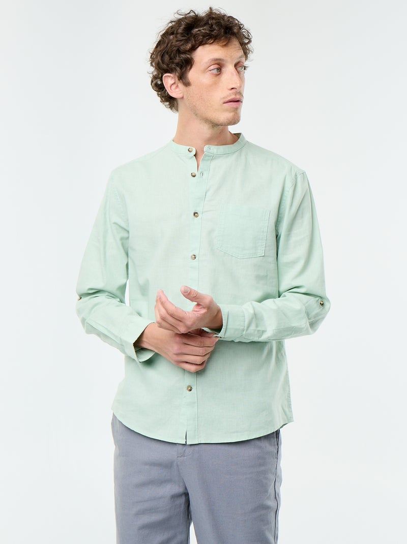 Camisa com gola mao com linho Verde - Kiabi