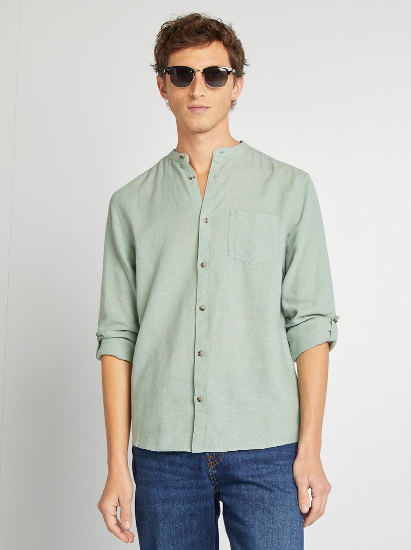 Camisa com gola mao com linho VERDE - Kiabi