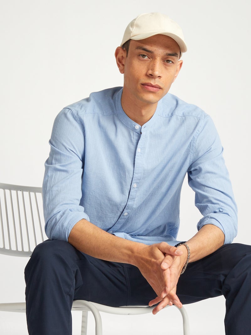 Camisa com gola mao de linho misturado AZUL - Kiabi