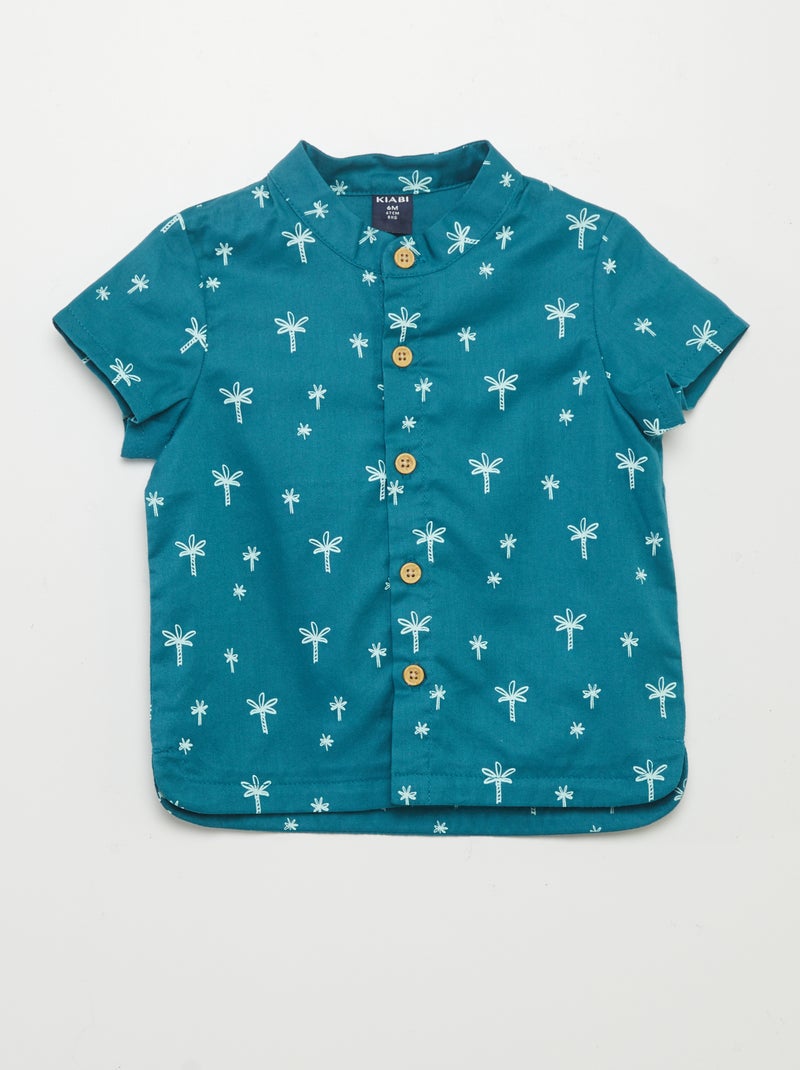 Camisa com gola mao e estampado palmeiras AZUL - Kiabi