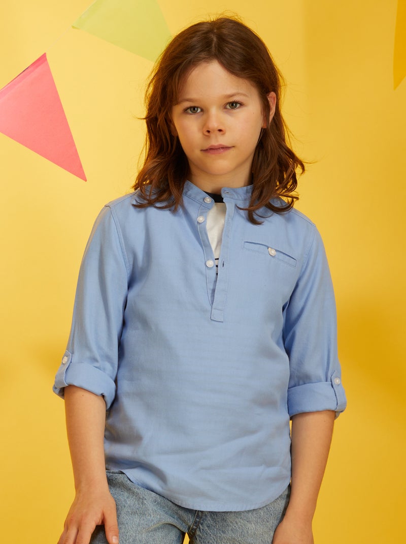 Camisa com gola mao em liocel com lino AZUL - Kiabi
