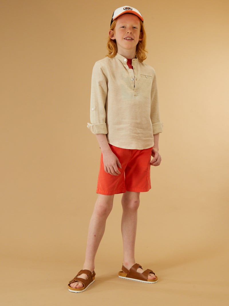 Camisa com gola mao em liocel com lino bege - Kiabi