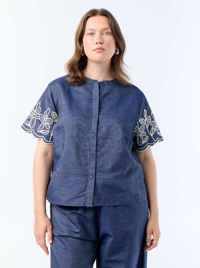 Camisa com mangas bordadas Azul - Kiabi
