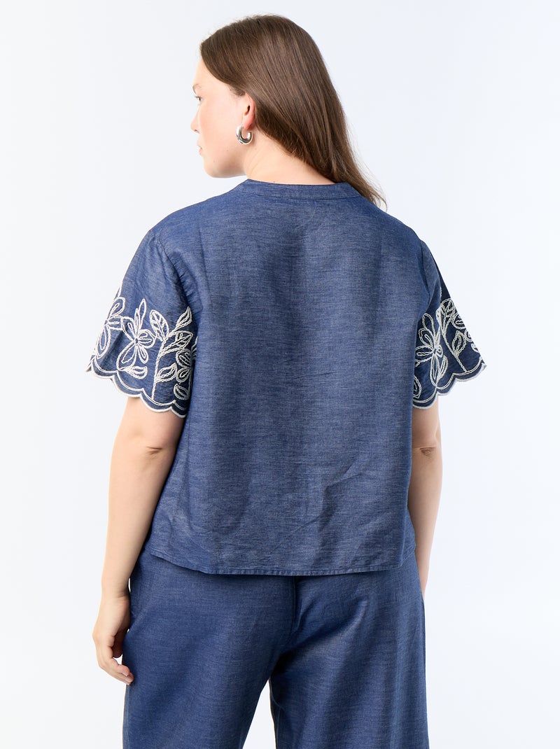 Camisa com mangas bordadas Azul - Kiabi