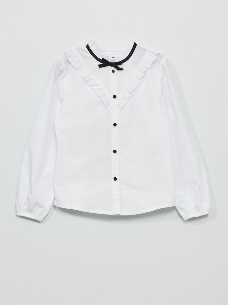 Camisa com recorte com folhos e laço em veludo Branco - Kiabi