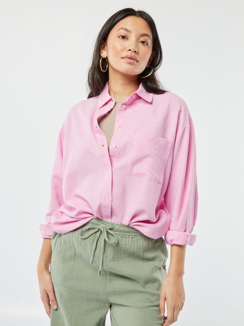 Camisa comprida com bolso frontal com 20% de linho - Kiabi
