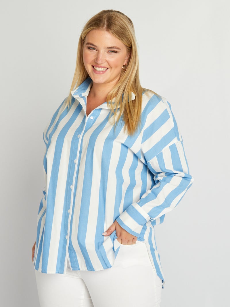 Camisa comprida com colarinho italiano AZUL - Kiabi