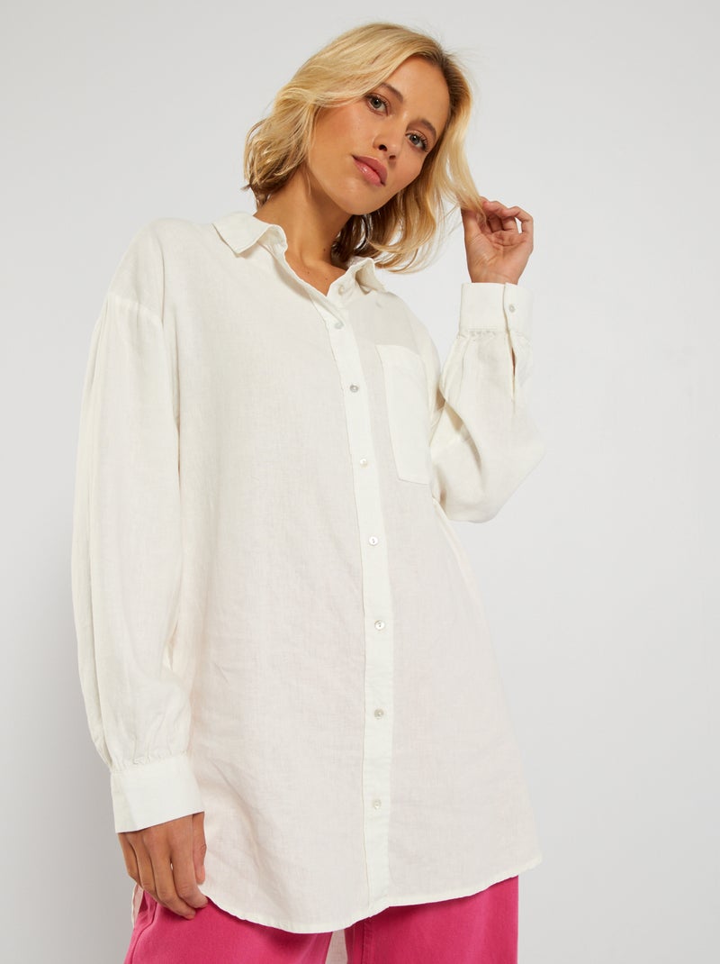 Camisa comprida de linho Branco - Kiabi