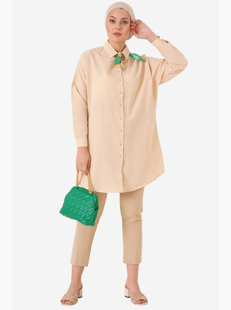 Camisa comprida de popelina com fecho de botões bdart Bege-argila - Kiabi