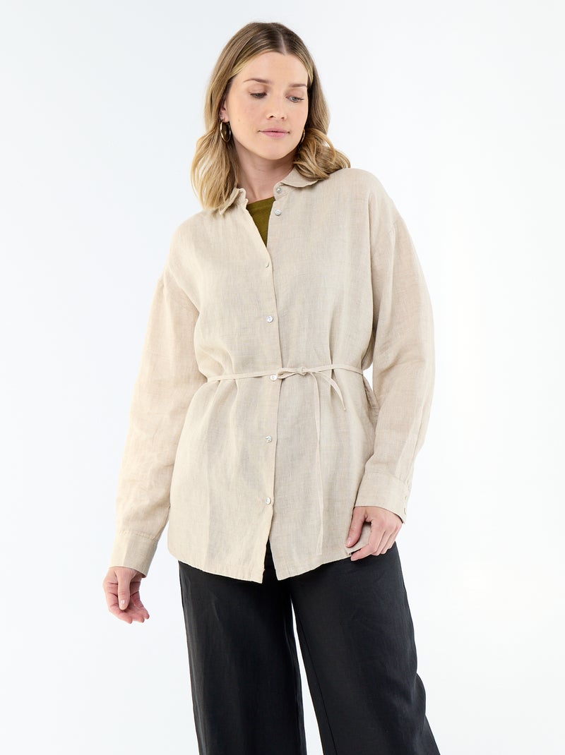 Camisa comprida lisa Bege - Kiabi