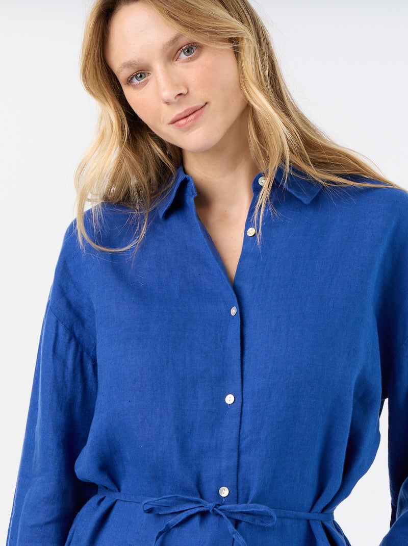 Camisa comprida lisa de linho Azul - Kiabi