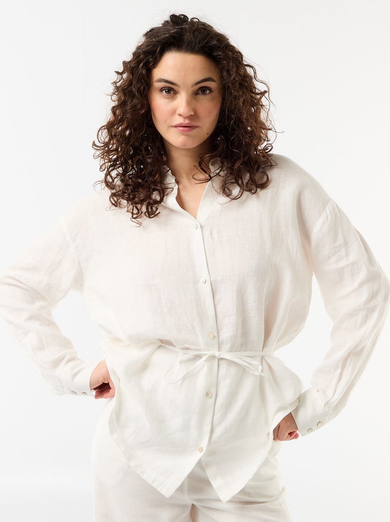 Camisa comprida lisa de linho Branco - Kiabi
