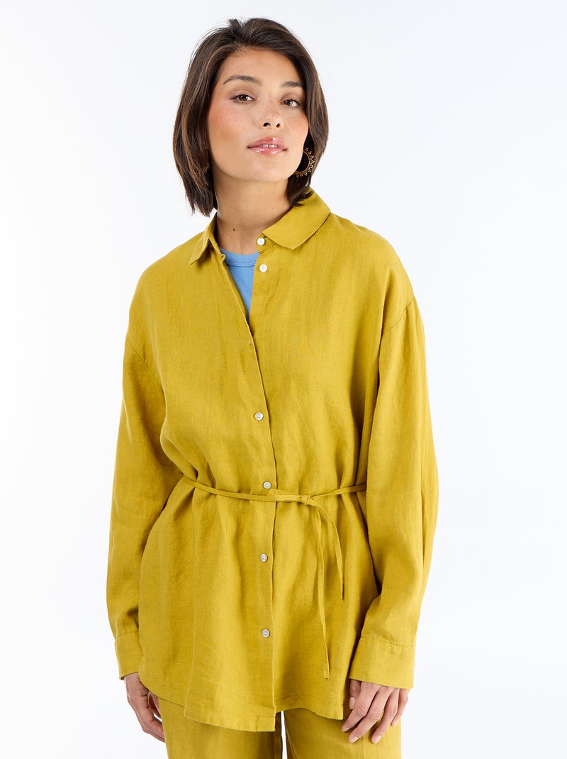 Camisa comprida lisa de linho Verde - Kiabi