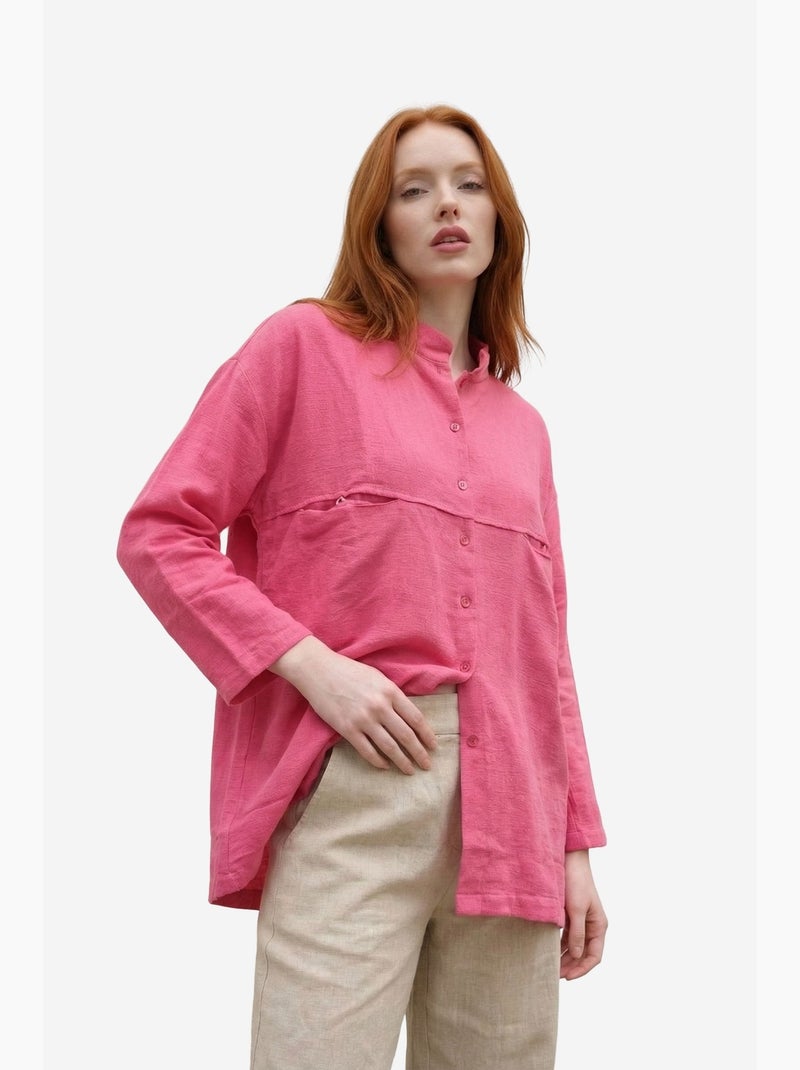 Camisa comprida oversized de mistura de linho com manga comprida my fashion Rosa-fluo/Solinotes - Kiabi