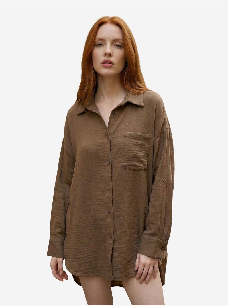 Camisa comprida oversized texturada com fecho de botões my fashion Castanho - Kiabi