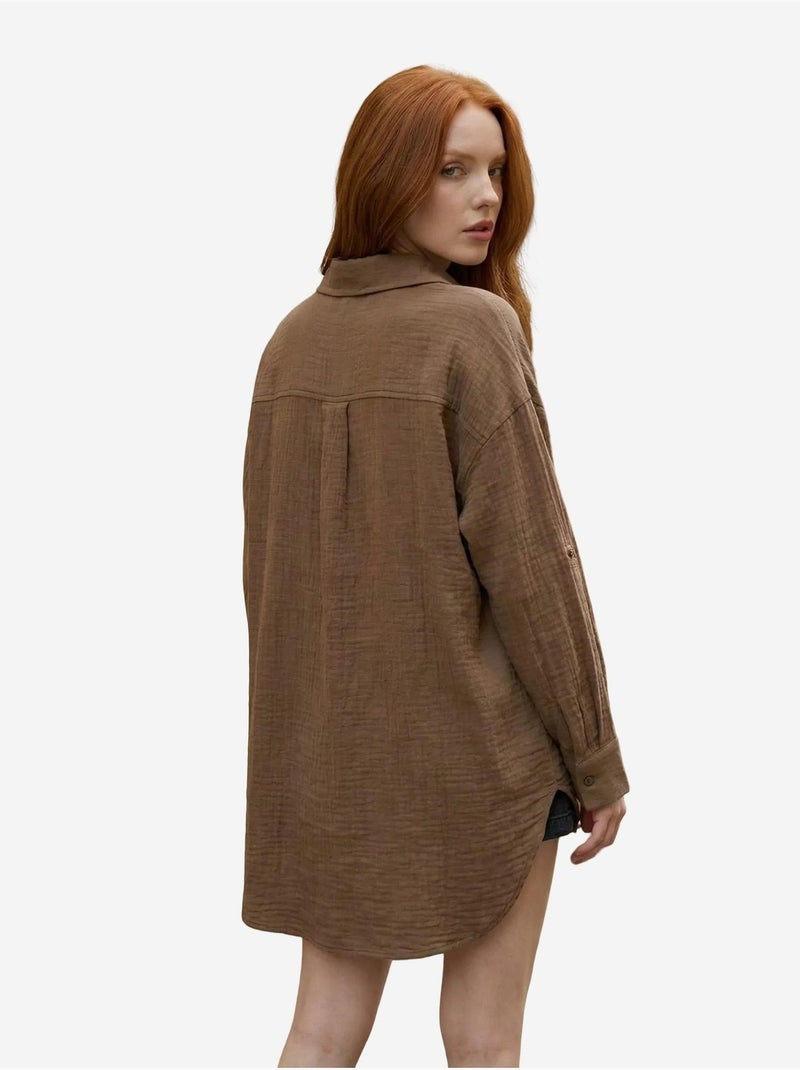 Camisa comprida oversized texturada com fecho de botões my fashion Castanho - Kiabi