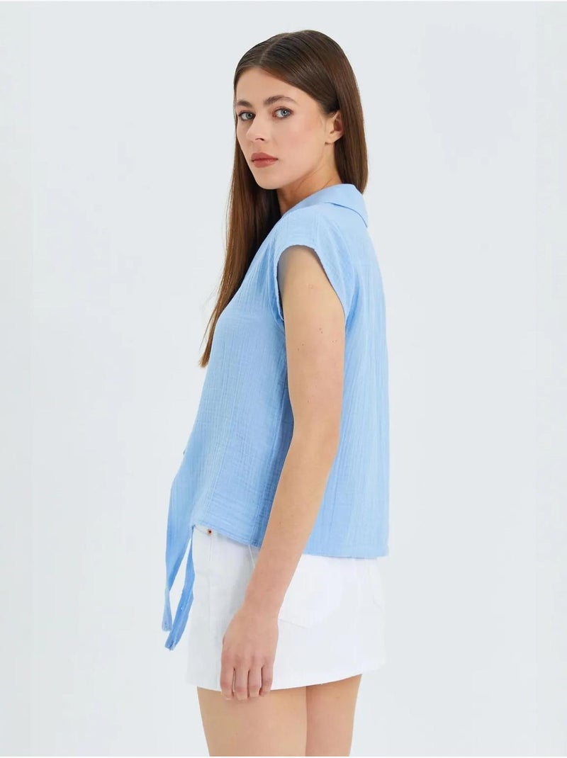 Camisa crop com detalhe de laço mixray Azul-céu - Kiabi