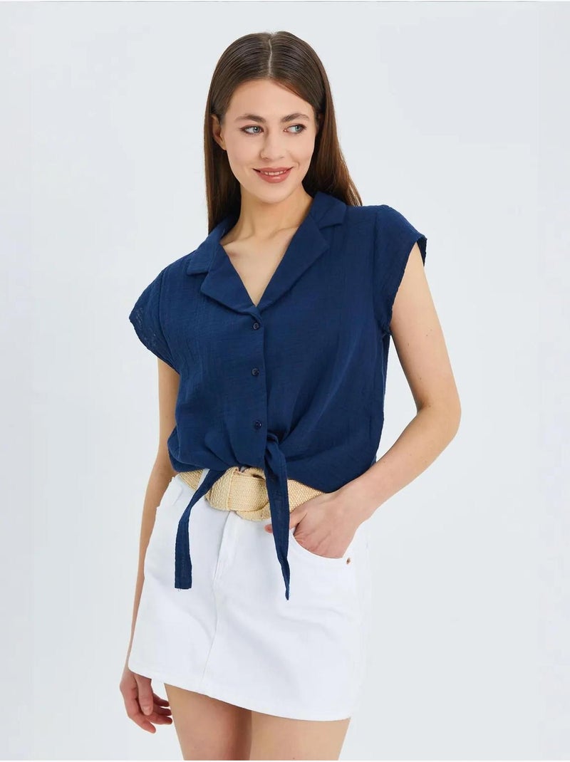 Camisa crop com detalhe de laço mixray Azul-marinho - Kiabi