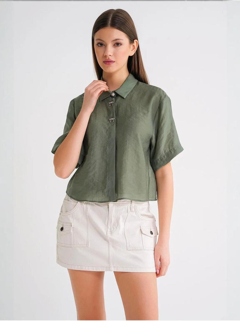 Camisa crop de manga curta com acessórios em pedra mixray Cáqui - Kiabi