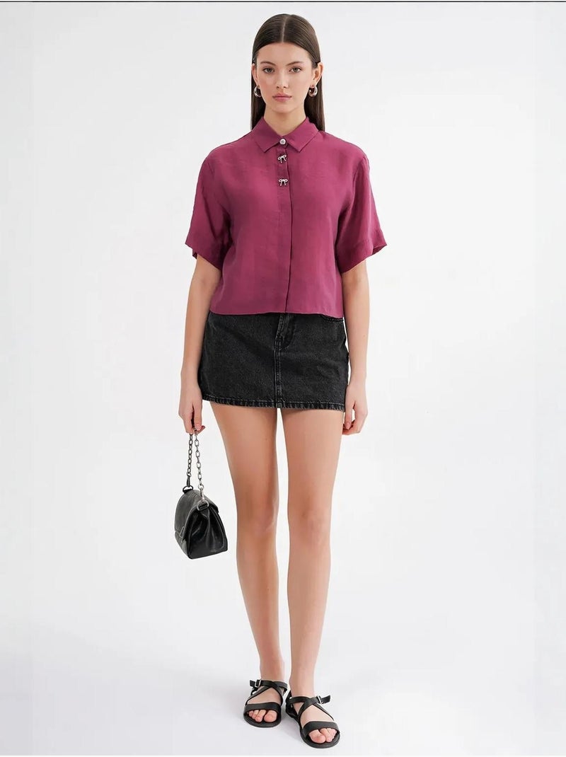 Camisa crop de manga curta com acessórios em pedra mixray Magenta - Kiabi