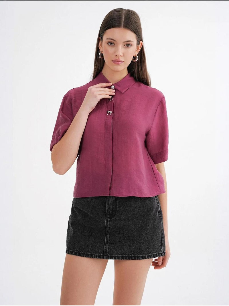 Camisa crop de manga curta com acessórios em pedra mixray Magenta - Kiabi