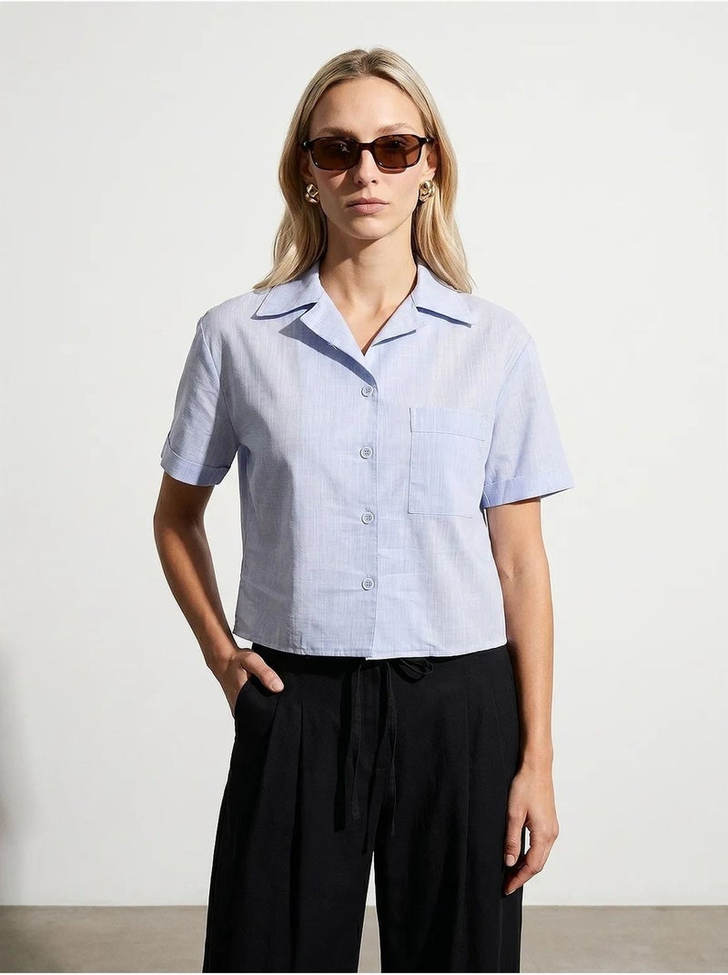 Camisa crop feminina em popelina de algodão dilvin Azul-céu - Kiabi